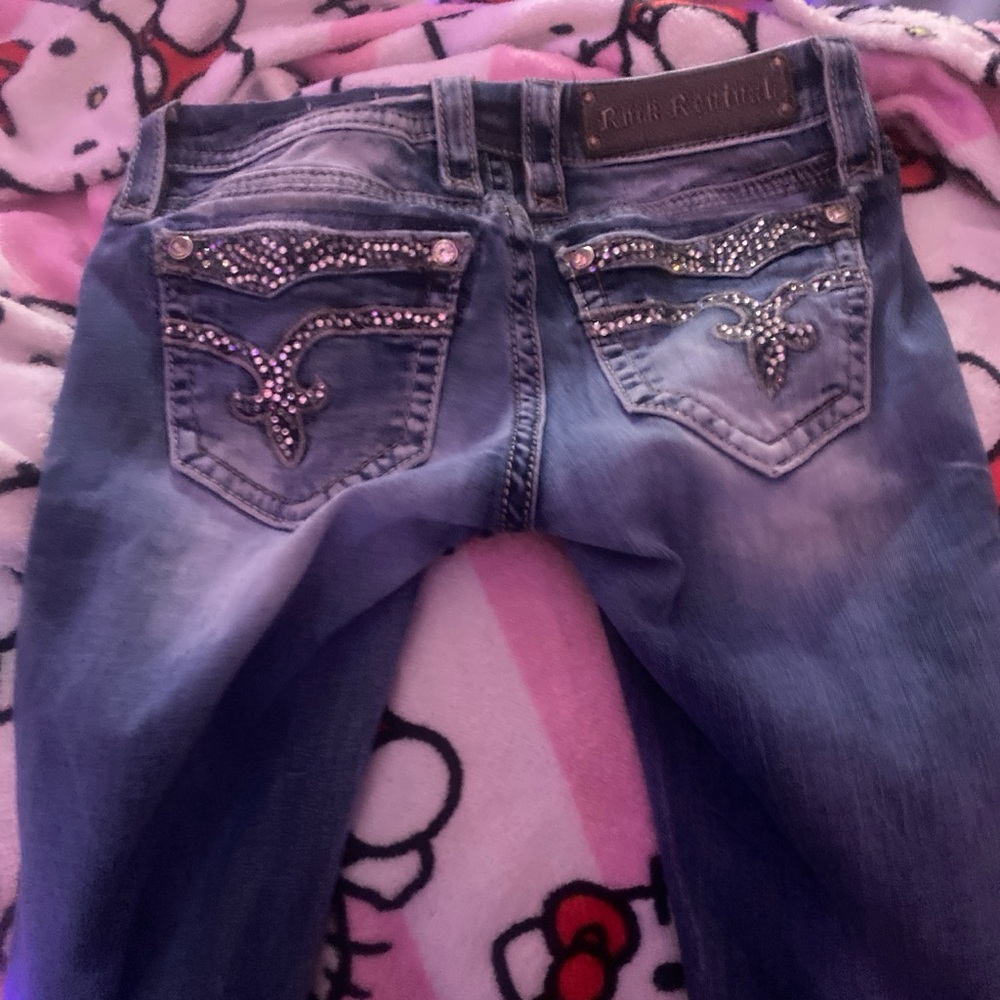 Rock Revival Blue Boot Cut Jeans with Ornate Stitching